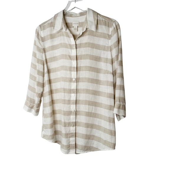 Chico's Tops - Chicos Linen No Iron Tan White Button Down Preppy Coastal Top Size 1 Medium/10
